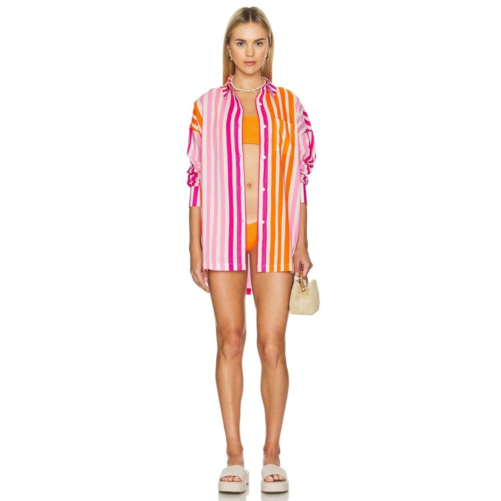 BEACH RIOT Revolve Alexa Stripe ButtonUp Top Coverup L Pink Orange Oversized NEW
